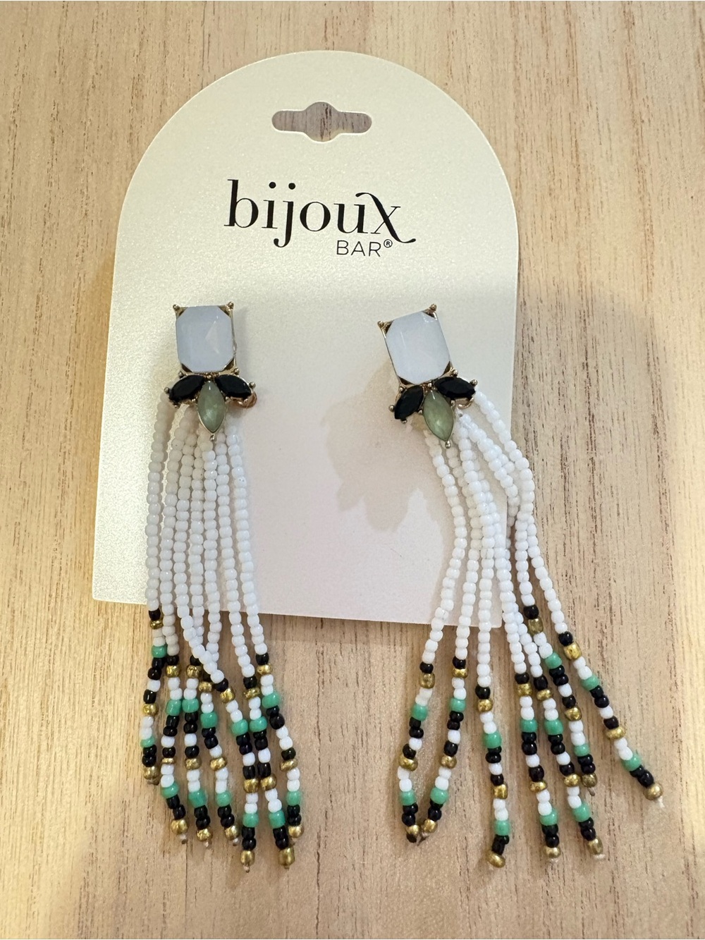 Bijoux Bar White Beaded Tassel Earrings with Green and Black Accents